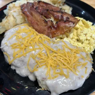 Biscuits and gravy. Good eggs and home fries. Disappointing biscuits, ditto gravy.