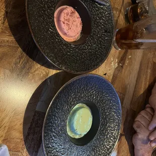 Rose Cardamon ice cream (top) White Chocolate Pistachio ice cream (bottom)