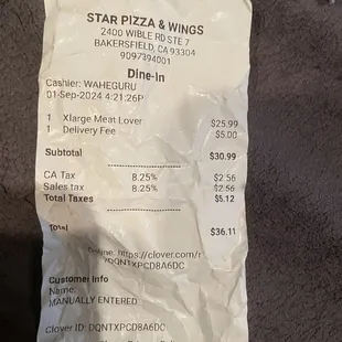 Receipt of pizza bought, hour wait, real hot, to salty!!!