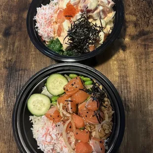 two plates of food on a wooden table