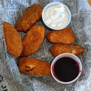 Jalapeno poppers with Bleu cheese and raspberry sauces