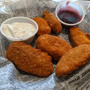 Poppers! With raspberry sauce and blue cheese