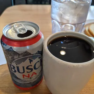 Busch NA, coffee, ice water