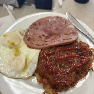 Breakfast special with hash browns cooked perfectly to order - crispy