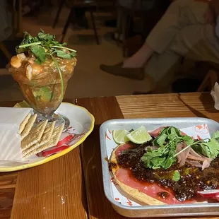 Shrimp cocktail and tuna tostada