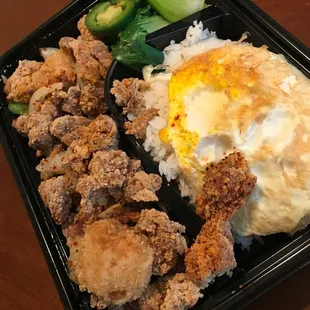 Spicy chicken nugget rice dish.