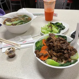 Beef Soup, Fresh Orange Carrot Juice, Braised Pork Rice.