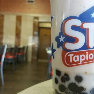 Ready to roll with my taro boba tea with tapioca balls.