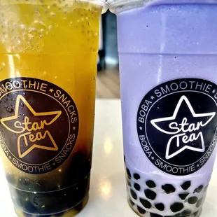 Mango Mint Tea w/Boba, Taro Smoothie w/Boba