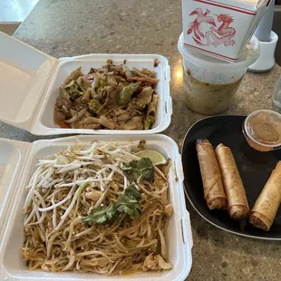 Pad Thai, drunken noodles, green curry and eggrolls.