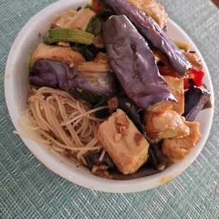 Eggplant Tofu bowl with base of rice noodles