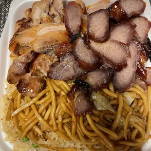 2 item combo with teriyaki chicken and bbq pork with fried rice and chow mein