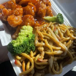 Combo lo mien with orange chicken lunch plate
