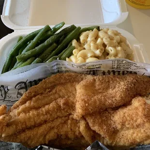 Fried catfish Macaroni and Cheese and String Beans