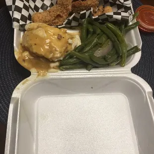 Catfish, Green Beans, and Mashed Potatoes and Gravy.