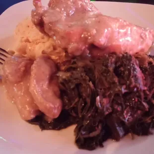 Smothered Fried Chicken with Collard Greens and Mac N Cheese! Sooooo GOOD to my soul