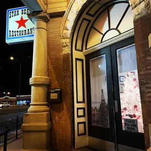 the entrance to a restaurant