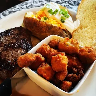 S. Puckett Steak, loaded baked potato and fried okra!