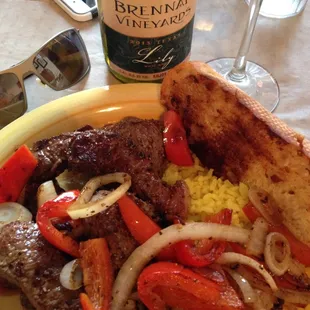 Beau's Beef Kabob w/yellow saffron rice.  Delicious as usual and pairs nicely with Brennan Vineyards Wine!