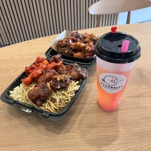 Two entree box with orange chicken and spicy chicken. Half chow mein and fried rice. With strawberry lemonade
