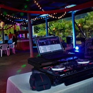 Setting up and testing our sound and light system on this cloudy day.