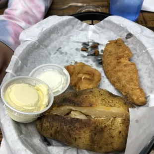 Kids meal, baked potato and 2 chicken tenders