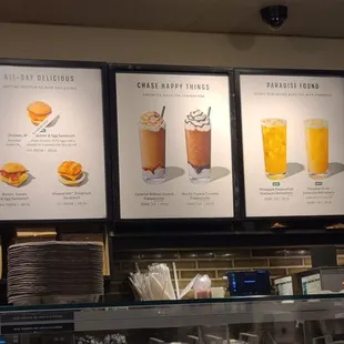 a display of drinks and menus