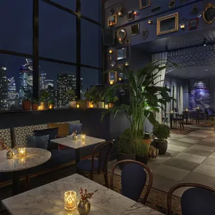 a view of the city from a restaurant