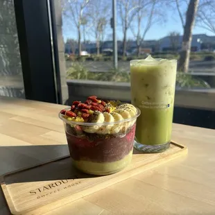 Pure Acai Bowl + Iced Lavender Matcha Latte