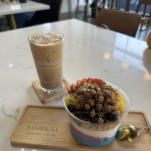 BYO superfood bowl and iced toasted almond latte