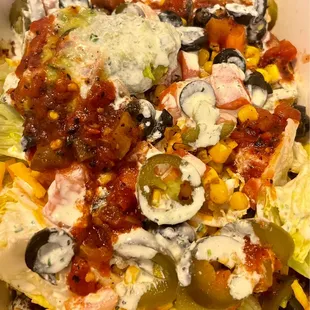 Taco salad - salsa verde, jalapeño ranch, and guacamole added also! Yum!