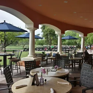 tables and chairs with umbrellas