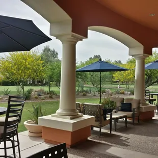 patio with tables and umbrellas