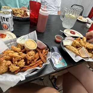 people sitting at a table with food