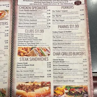 Chicken, pork, club, steak, burger menu