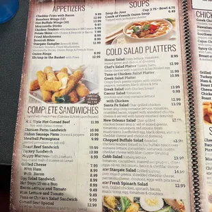 Appetizers, soups, salad, complete sandwiches menu