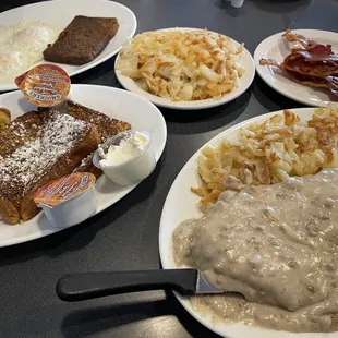 closest - biscuit with sausage gravy &amp; hash, French toast, eggs + scrapple, side of hash &amp; side of bacon