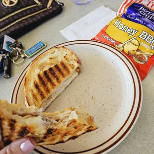 a hand holding a grilled sandwich