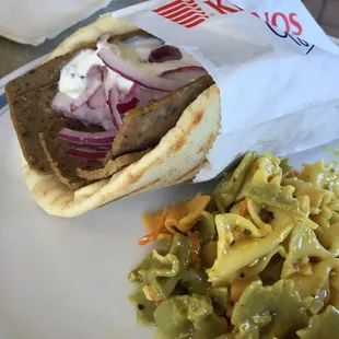 Delicious Gyro.  Pasta salad with homemade Greek Salad dressing was delicious