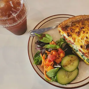 Mediterranean quiche and iced Americano.