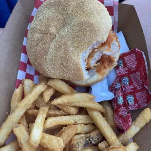 Spicy chicken sandwich. Not amazing, but $13 including fries not bad for event food. Hot and was served immediately.