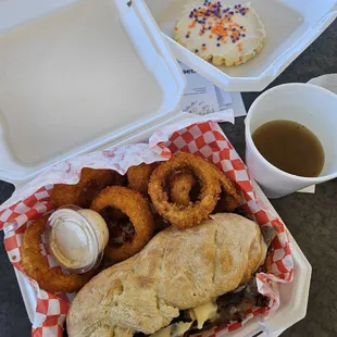 The Rachero with a side of onion rings and a sugar cookie