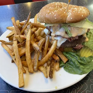 Pastrami double cheeseburger with fries