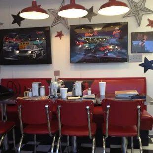 red chairs and a black and white checkered floor