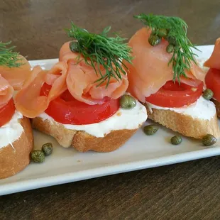 Smoked salmon, cream cheese, and capers crostini