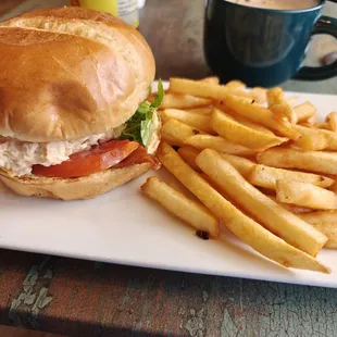 Buffalo chicken salad sandwich with fries