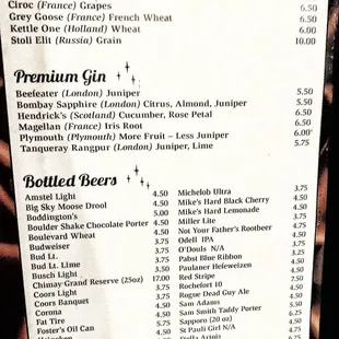 Spirits and beer menu