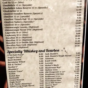 Whiskey menu