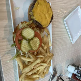 Beef burger and fries (I asked for no onions)
