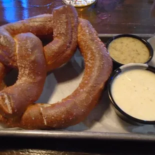 Warm Bavarian Pretzel with 2 dipping sauces.